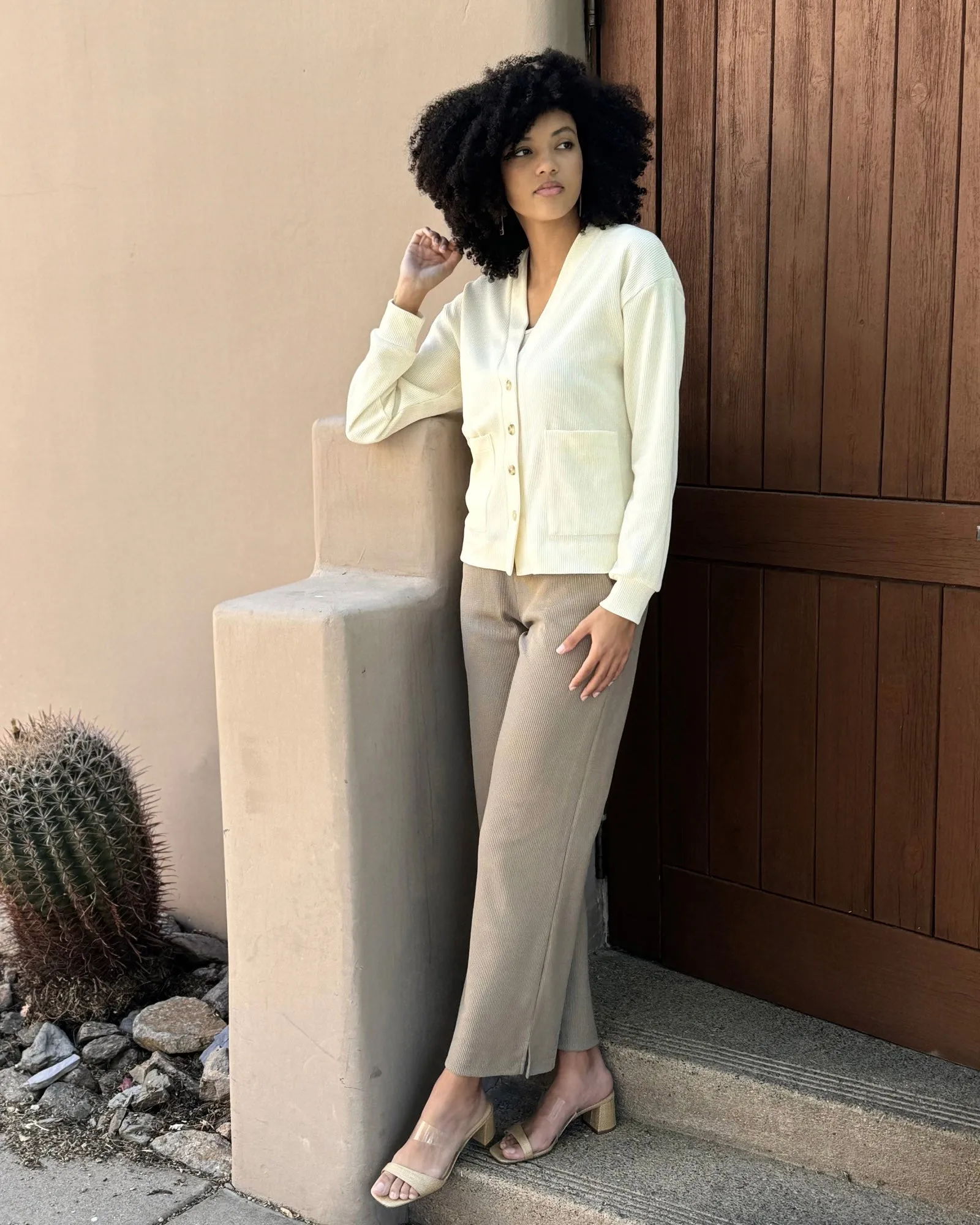 MESA waffle knit cardigan in Almond Milk