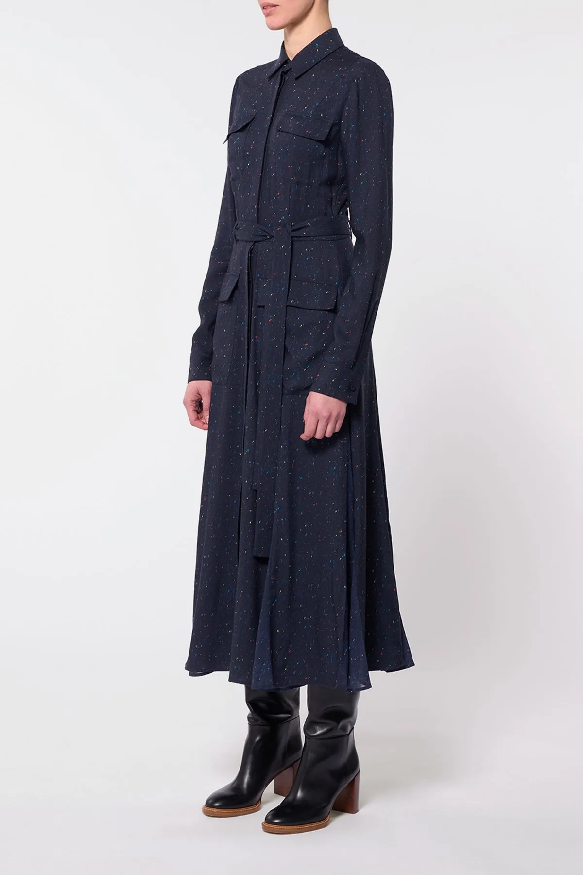 Meyer Pleated Maxi Shirtdress in Dark Navy Multi Printed Wool