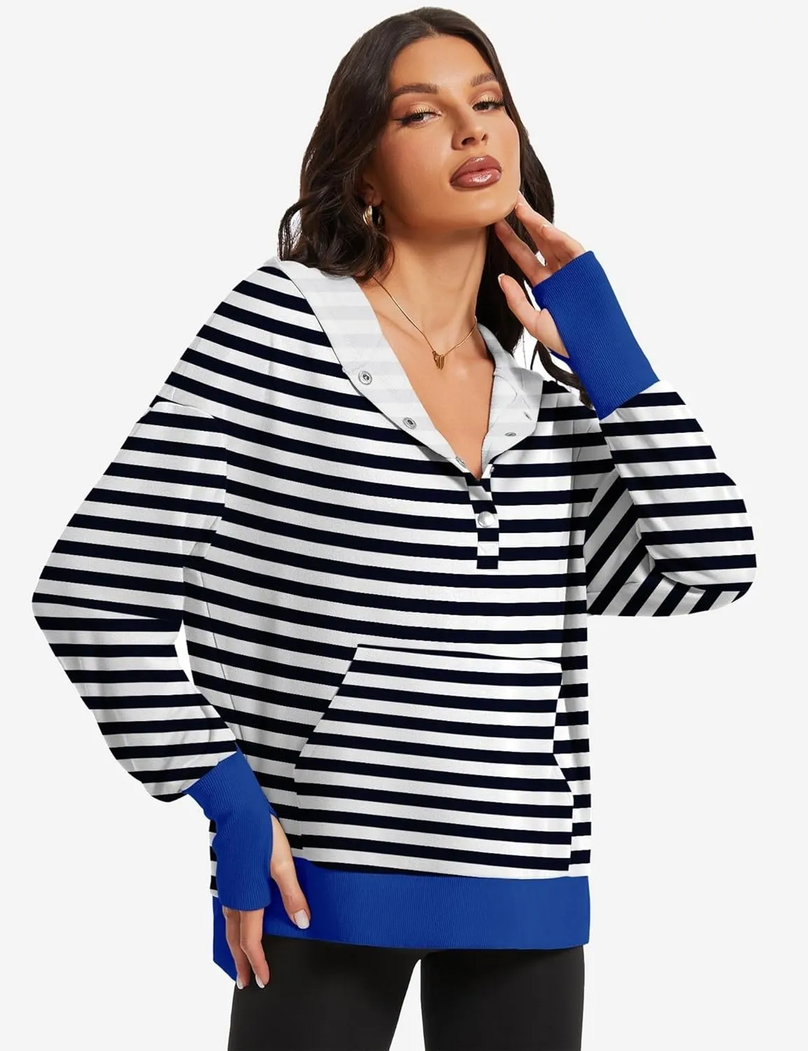 Micoson Women Oversized Sweatshirt with Thumb Hole Fall Fashion Outfits Casual Long Sleeve Hoodie Button Down Pullover