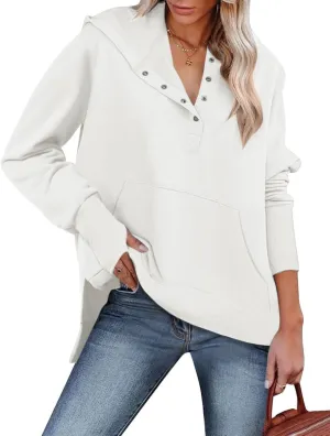 Micoson Women Oversized Sweatshirt with Thumb Hole Fall Fashion Outfits Casual Long Sleeve Hoodie Button Down Pullover