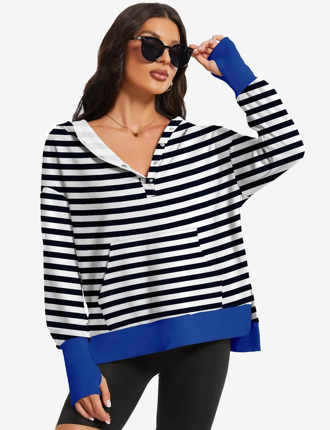 Micoson Women Oversized Sweatshirt with Thumb Hole Fall Fashion Outfits Casual Long Sleeve Hoodie Button Down Pullover
