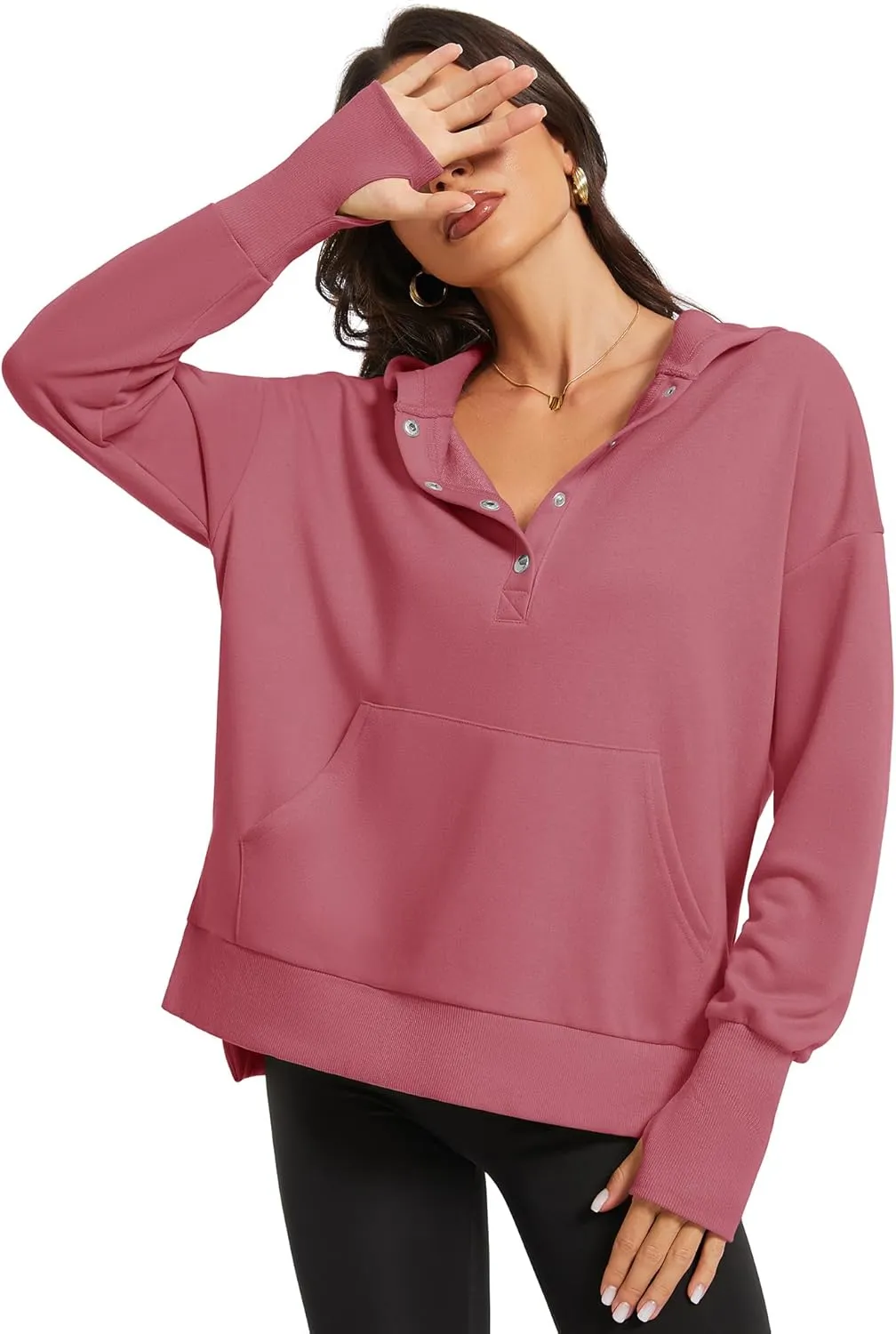 Micoson Women Oversized Sweatshirt with Thumb Hole Fall Fashion Outfits Casual Long Sleeve Hoodie Button Down Pullover