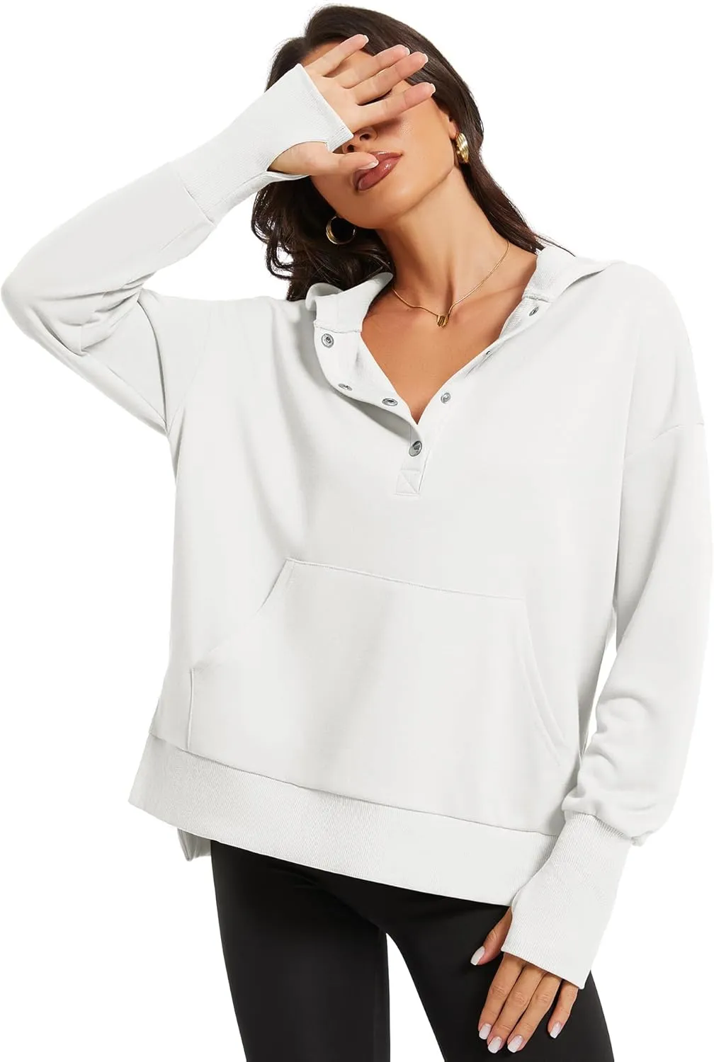 Micoson Women Oversized Sweatshirt with Thumb Hole Fall Fashion Outfits Casual Long Sleeve Hoodie Button Down Pullover