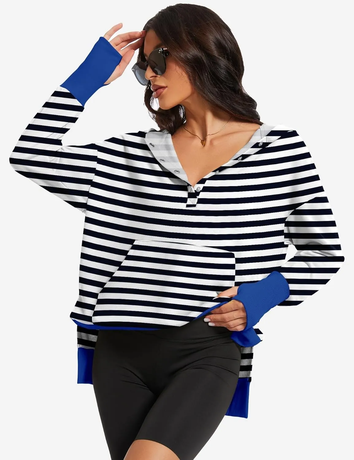 Micoson Women Oversized Sweatshirt with Thumb Hole Fall Fashion Outfits Casual Long Sleeve Hoodie Button Down Pullover