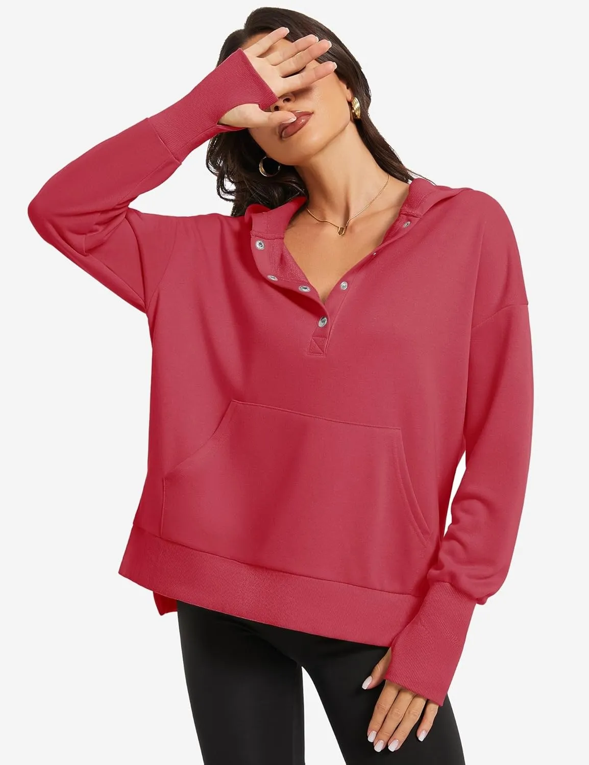 Micoson Women Oversized Sweatshirt with Thumb Hole Fall Fashion Outfits Casual Long Sleeve Hoodie Button Down Pullover
