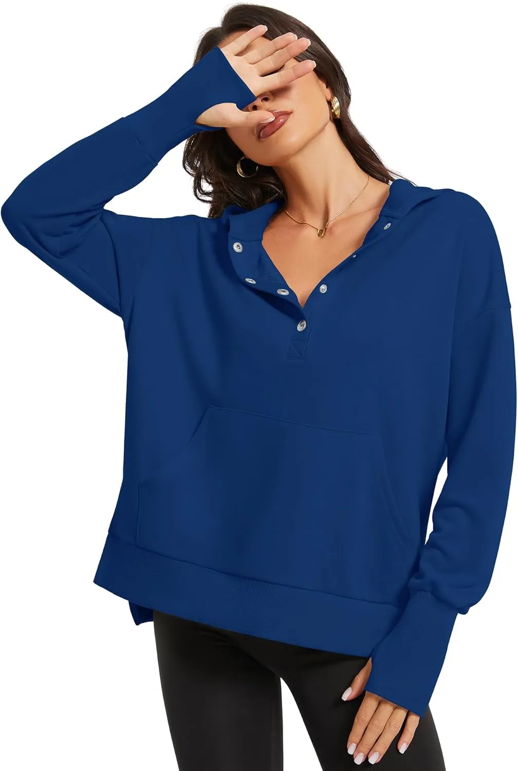 Micoson Women Oversized Sweatshirt with Thumb Hole Fall Fashion Outfits Casual Long Sleeve Hoodie Button Down Pullover
