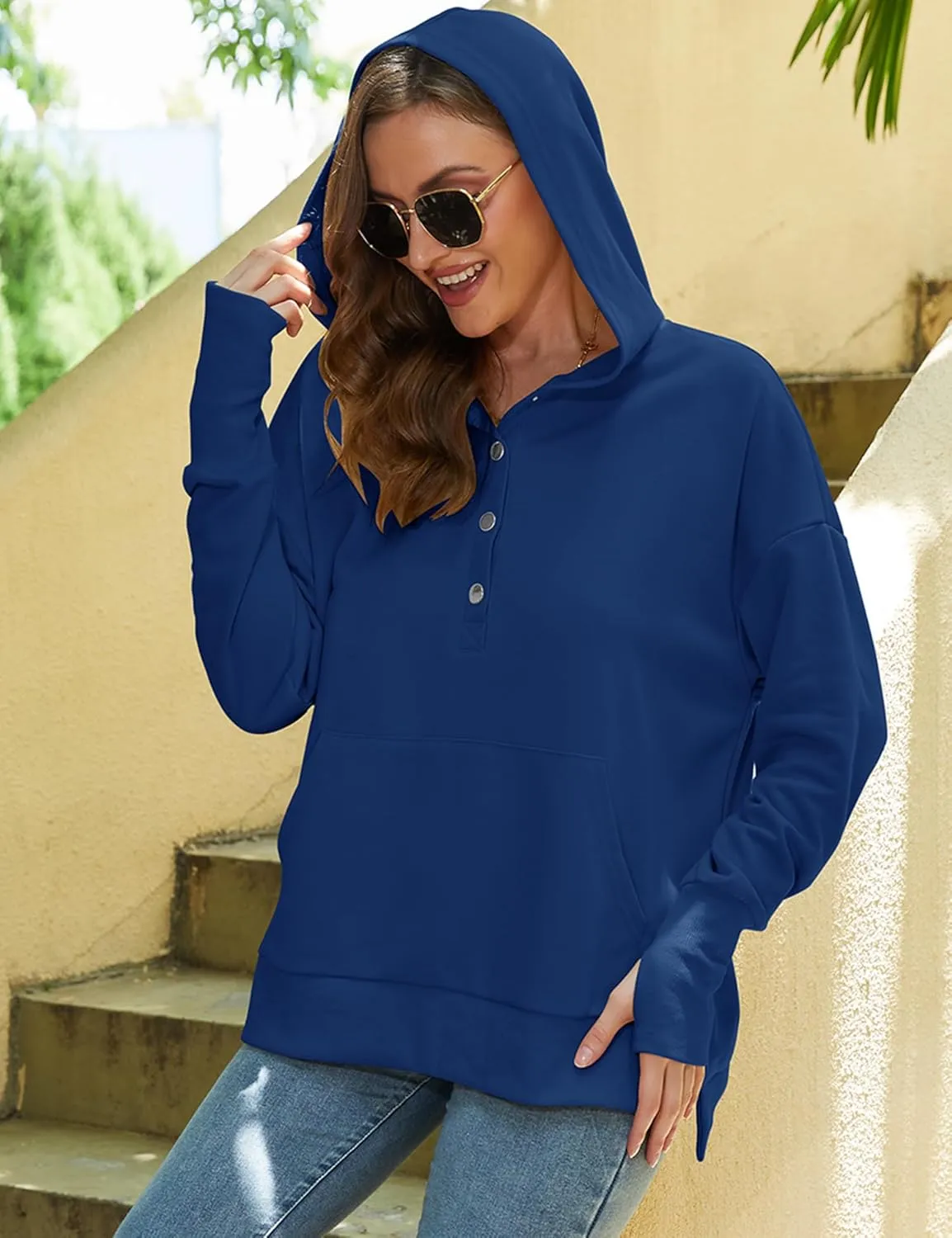 Micoson Women Oversized Sweatshirt with Thumb Hole Fall Fashion Outfits Casual Long Sleeve Hoodie Button Down Pullover