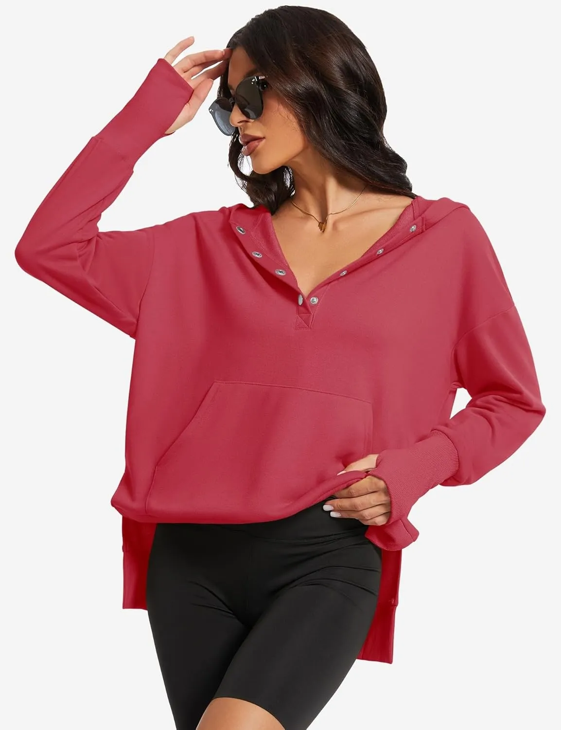 Micoson Women Oversized Sweatshirt with Thumb Hole Fall Fashion Outfits Casual Long Sleeve Hoodie Button Down Pullover