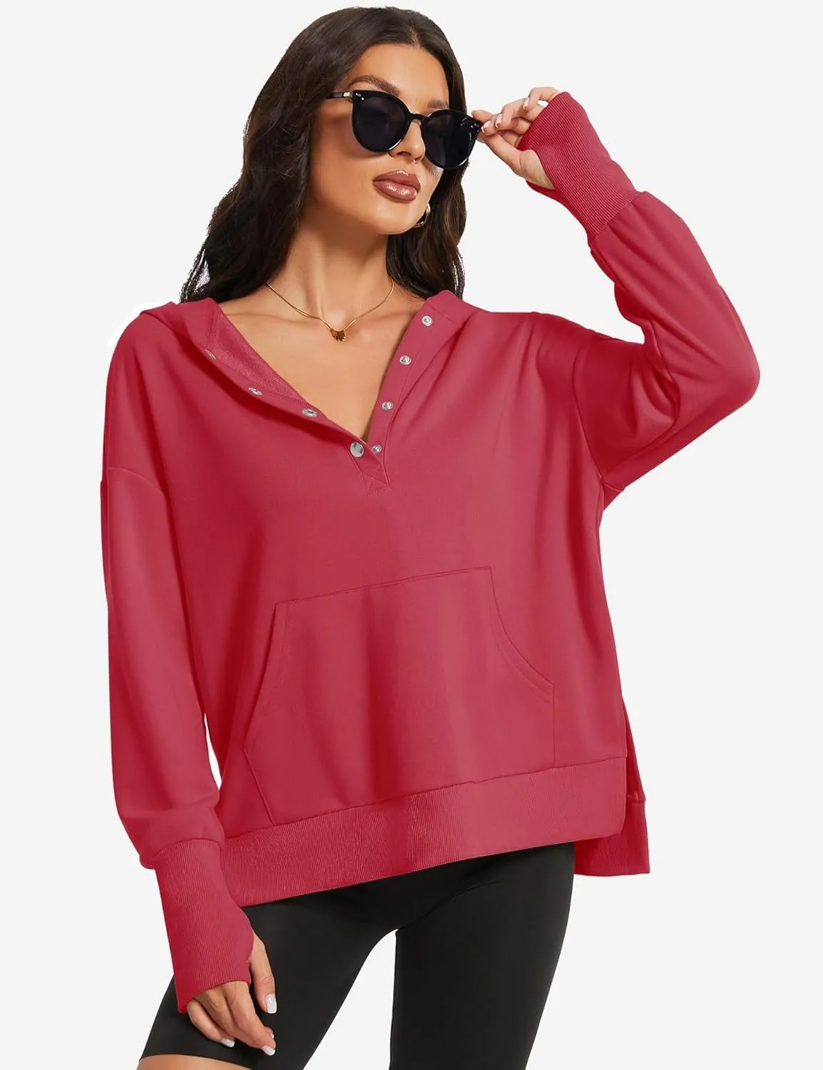 Micoson Women Oversized Sweatshirt with Thumb Hole Fall Fashion Outfits Casual Long Sleeve Hoodie Button Down Pullover