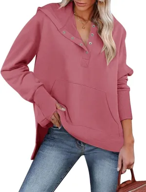 Micoson Women's Plus Size Sweatshirts Thumb Holes Trendy Pullover Hoodie Side Split Lady Lovely Clothes with Pocket Pink XXL