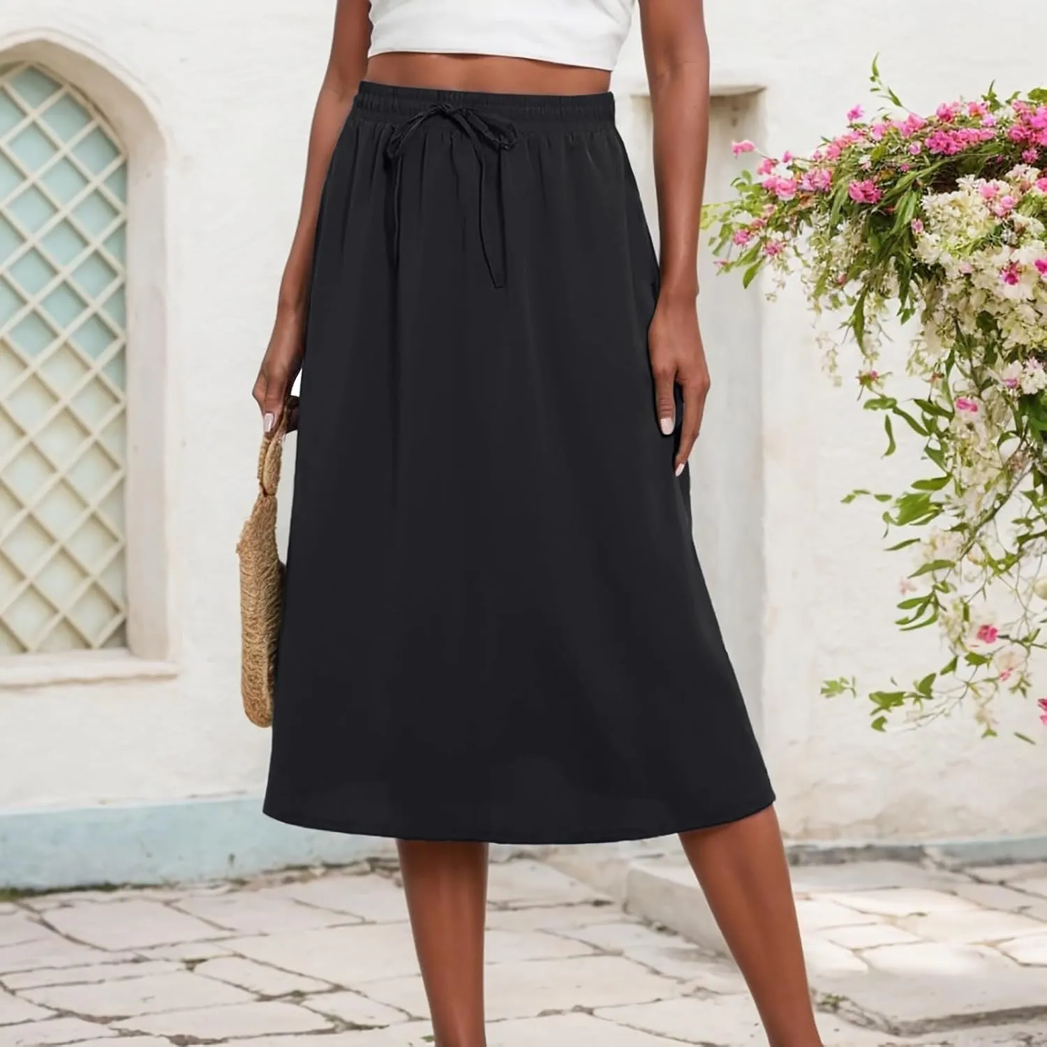 Midi Skirts for Women Summer Casual Flow A Line Elastic Tie Waist Swing Long Skirt Dress with Pockets Trendy Outfits