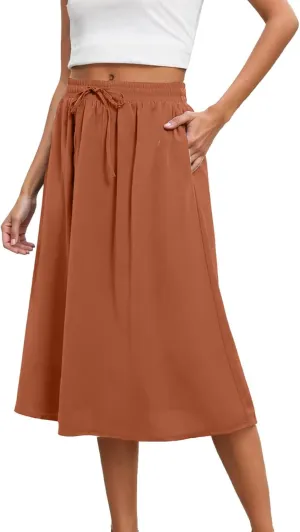 Midi Skirts for Women Summer Casual Flow A Line Elastic Tie Waist Swing Long Skirt Dress with Pockets Trendy Outfits