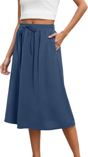 Midi Skirts for Women Summer Casual Flow A Line Elastic Tie Waist Swing Long Skirt Dress with Pockets Trendy Outfits