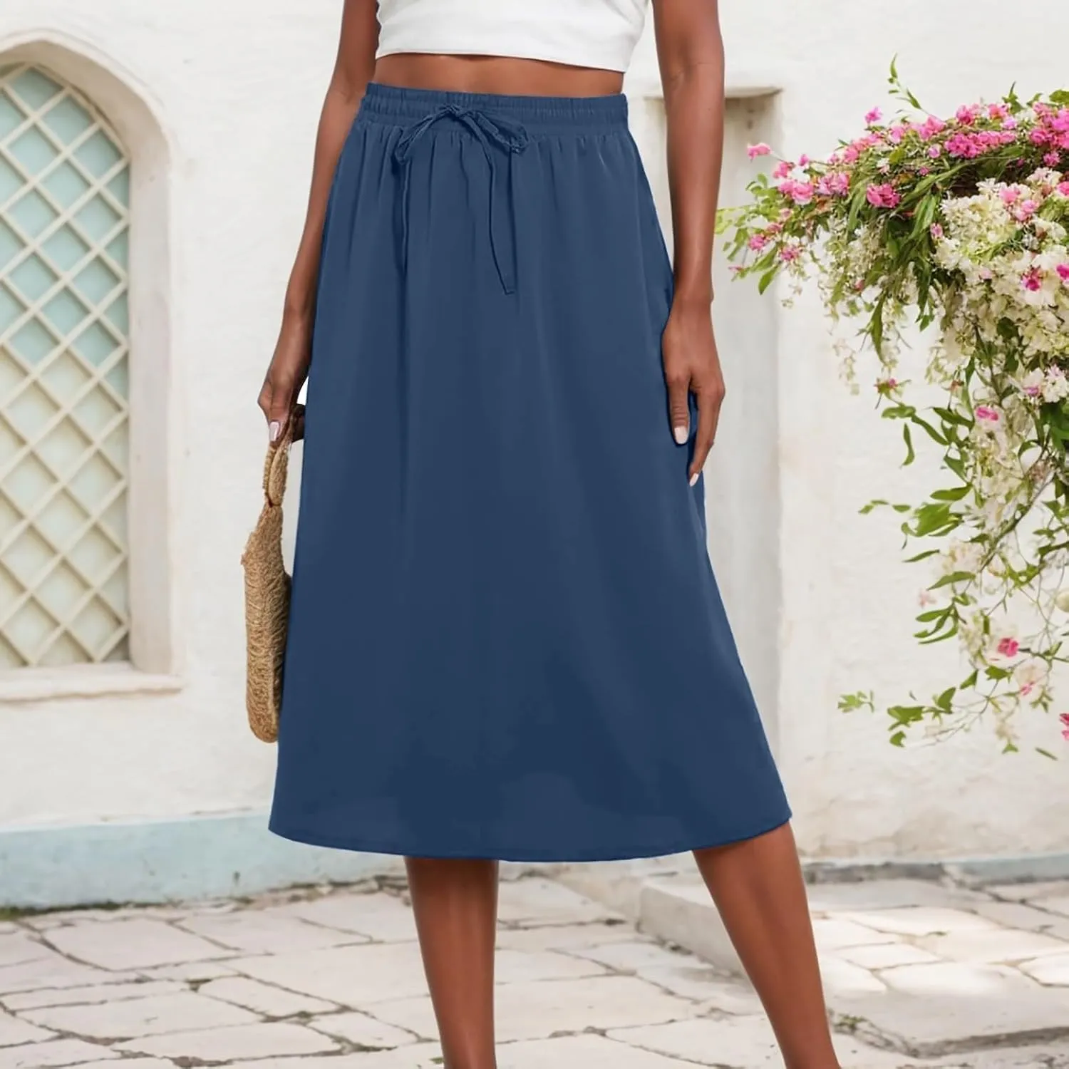 Midi Skirts for Women Summer Casual Flow A Line Elastic Tie Waist Swing Long Skirt Dress with Pockets Trendy Outfits