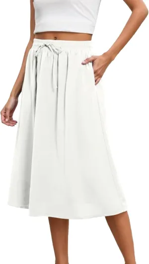 Midi Skirts for Women Summer Casual Flow A Line Elastic Tie Waist Swing Long Skirt Dress with Pockets Trendy Outfits