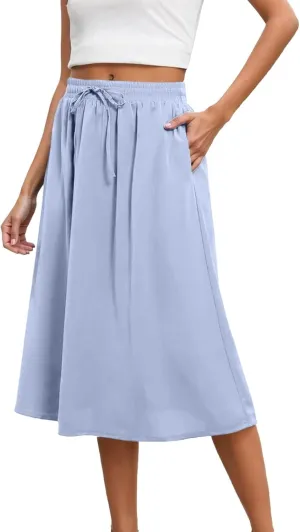 Midi Skirts for Women Summer Casual Flow A Line Elastic Tie Waist Swing Long Skirt Dress with Pockets Trendy Outfits