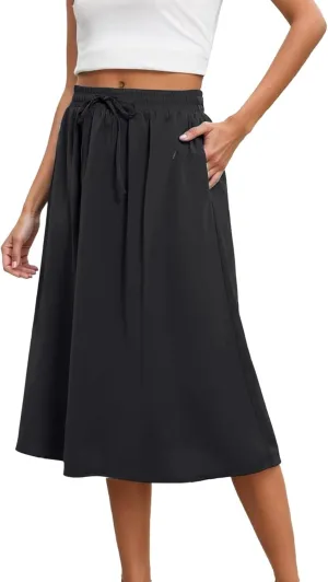 Midi Skirts for Women Summer Casual Flow A Line Elastic Tie Waist Swing Long Skirt Dress with Pockets Trendy Outfits