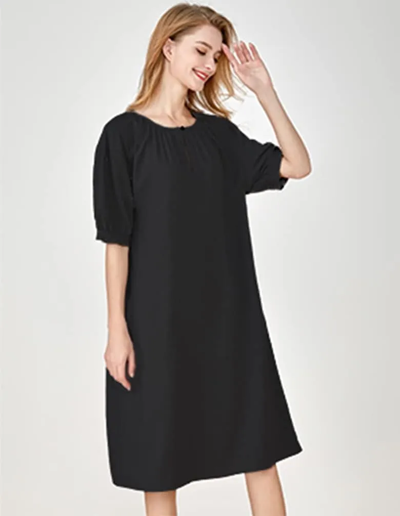Minibee Women's Cotton Linen Dress Short Sleeve Midi Casual Plus Size Tunic Dress with Pockets