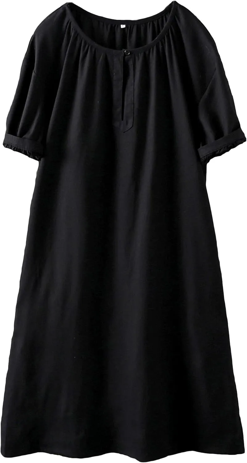 Minibee Women's Cotton Linen Dress Short Sleeve Midi Casual Plus Size Tunic Dress with Pockets