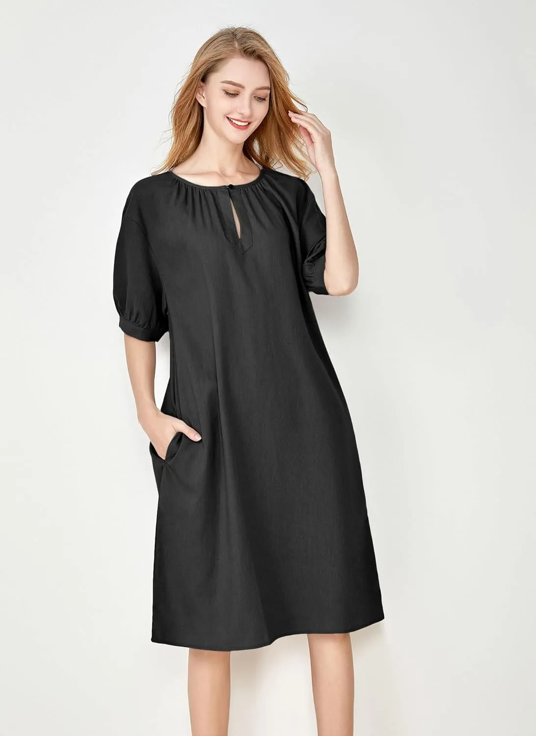 Minibee Women's Cotton Linen Dress Short Sleeve Midi Casual Plus Size Tunic Dress with Pockets