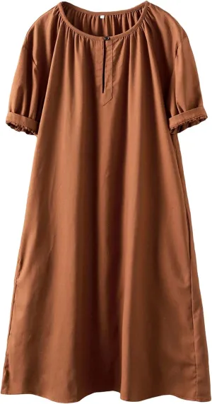 Minibee Women's Cotton Linen Dress Short Sleeve Midi Casual Plus Size Tunic Dress with Pockets