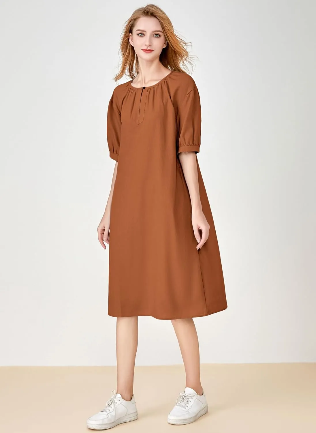 Minibee Women's Cotton Linen Dress Short Sleeve Midi Casual Plus Size Tunic Dress with Pockets
