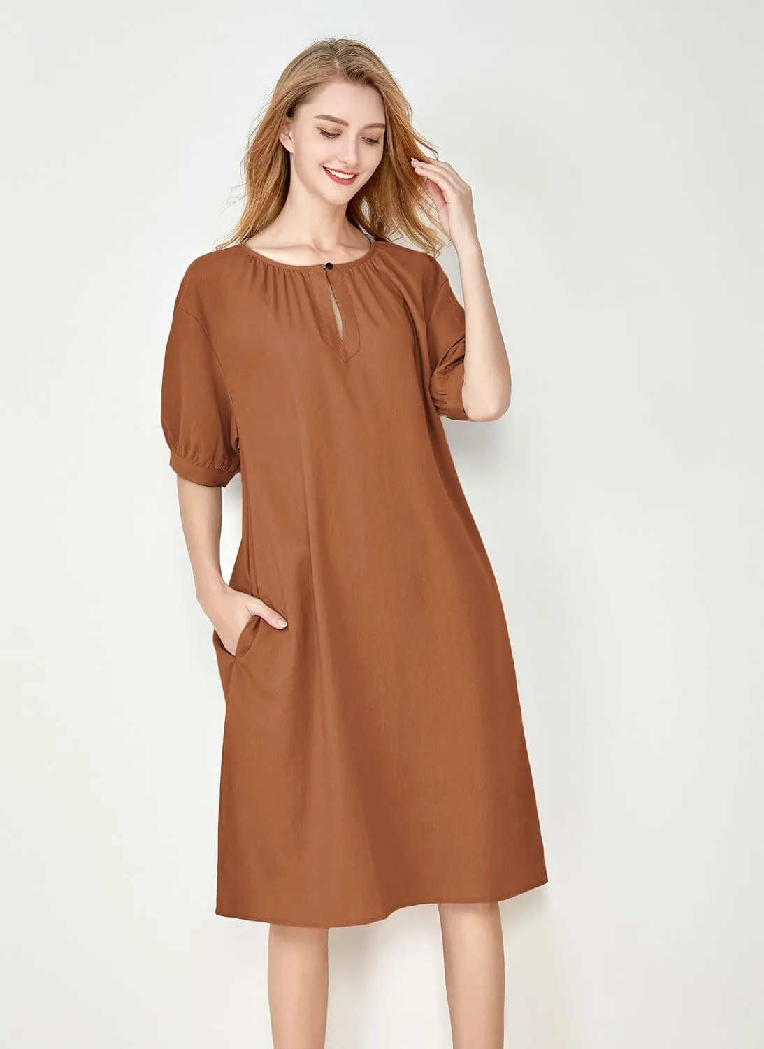 Minibee Women's Cotton Linen Dress Short Sleeve Midi Casual Plus Size Tunic Dress with Pockets