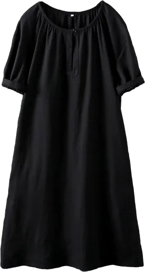 Minibee Women's Cotton Linen Dress Short Sleeve Midi Casual Plus Size Tunic Dress with Pockets