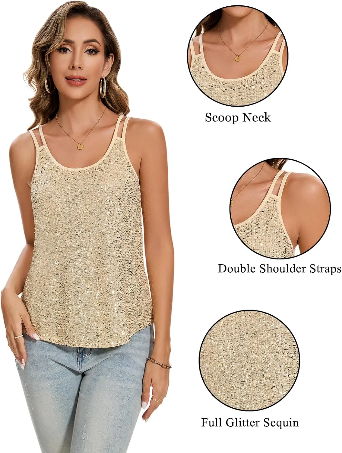MINTLIMIT Sequin Tops for Women Sleeveless Sparkle Shimmer Tank Tops Glitter Disco Party Camisole Vest Top Blouse Shirt
