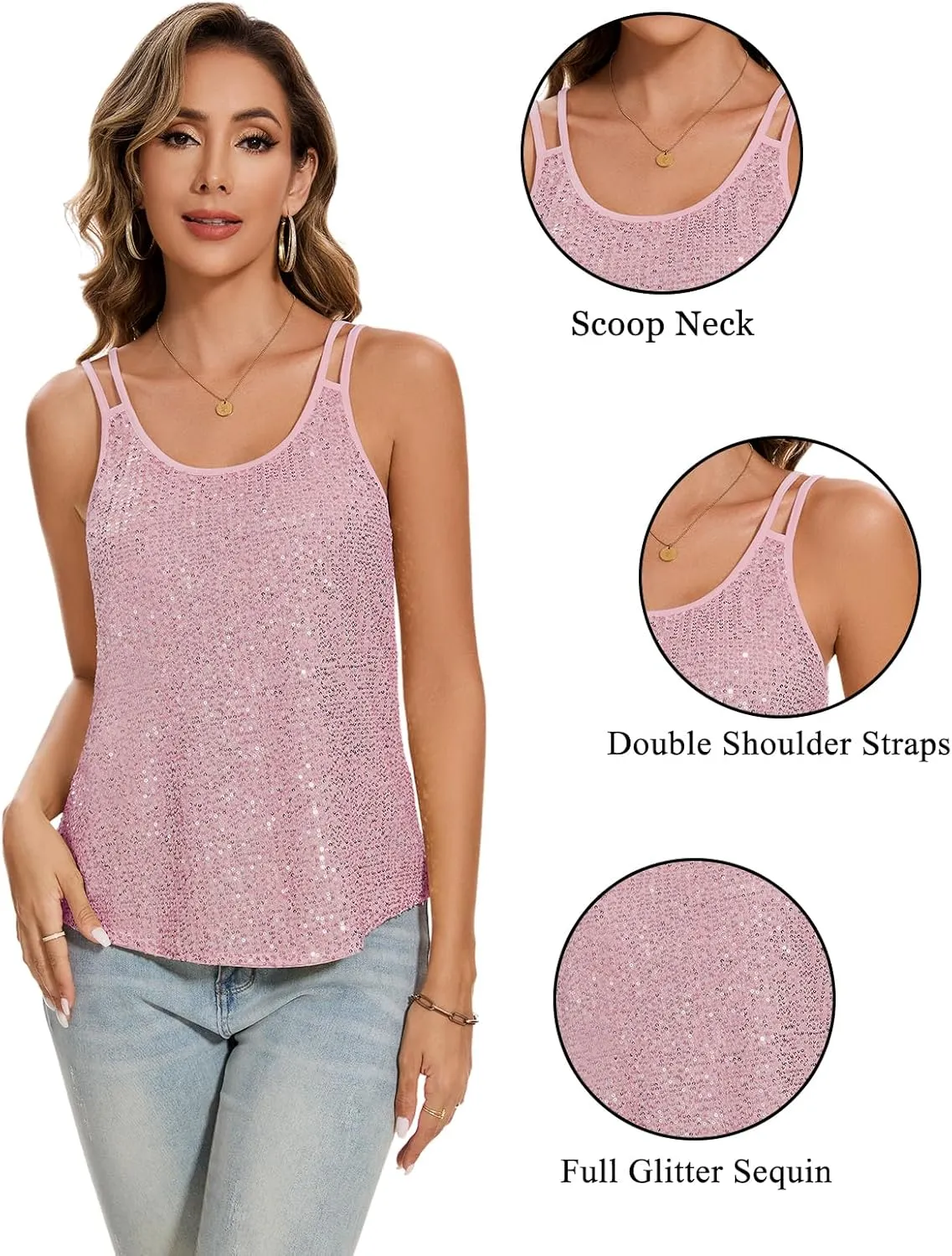 MINTLIMIT Sequin Tops for Women Sleeveless Sparkle Shimmer Tank Tops Glitter Disco Party Camisole Vest Top Blouse Shirt