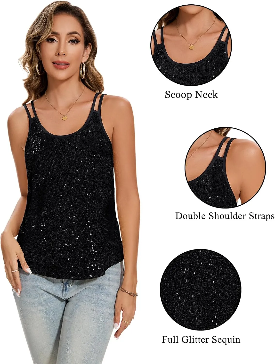 MINTLIMIT Sequin Tops for Women Sleeveless Sparkle Shimmer Tank Tops Glitter Disco Party Camisole Vest Top Blouse Shirt