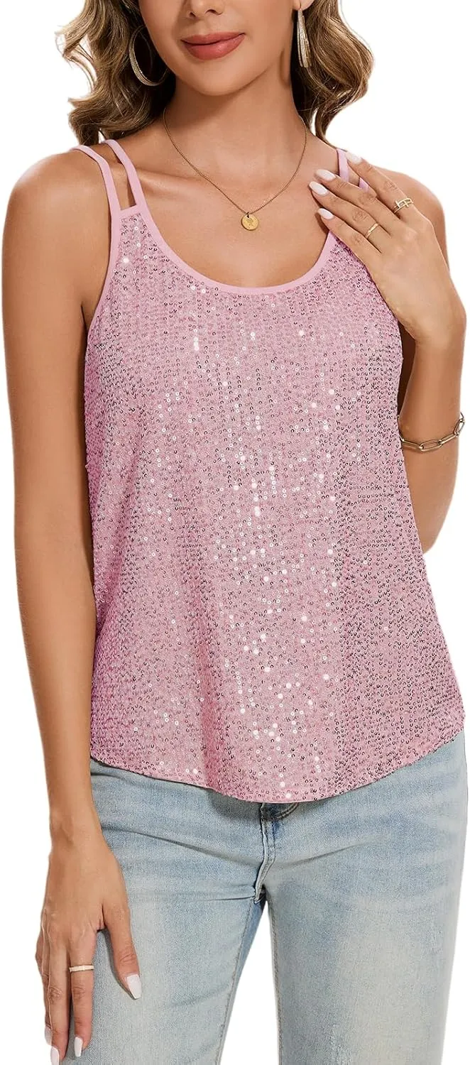 MINTLIMIT Sequin Tops for Women Sleeveless Sparkle Shimmer Tank Tops Glitter Disco Party Camisole Vest Top Blouse Shirt