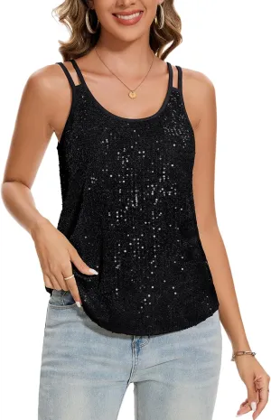 MINTLIMIT Sequin Tops for Women Sleeveless Sparkle Shimmer Tank Tops Glitter Disco Party Camisole Vest Top Blouse Shirt