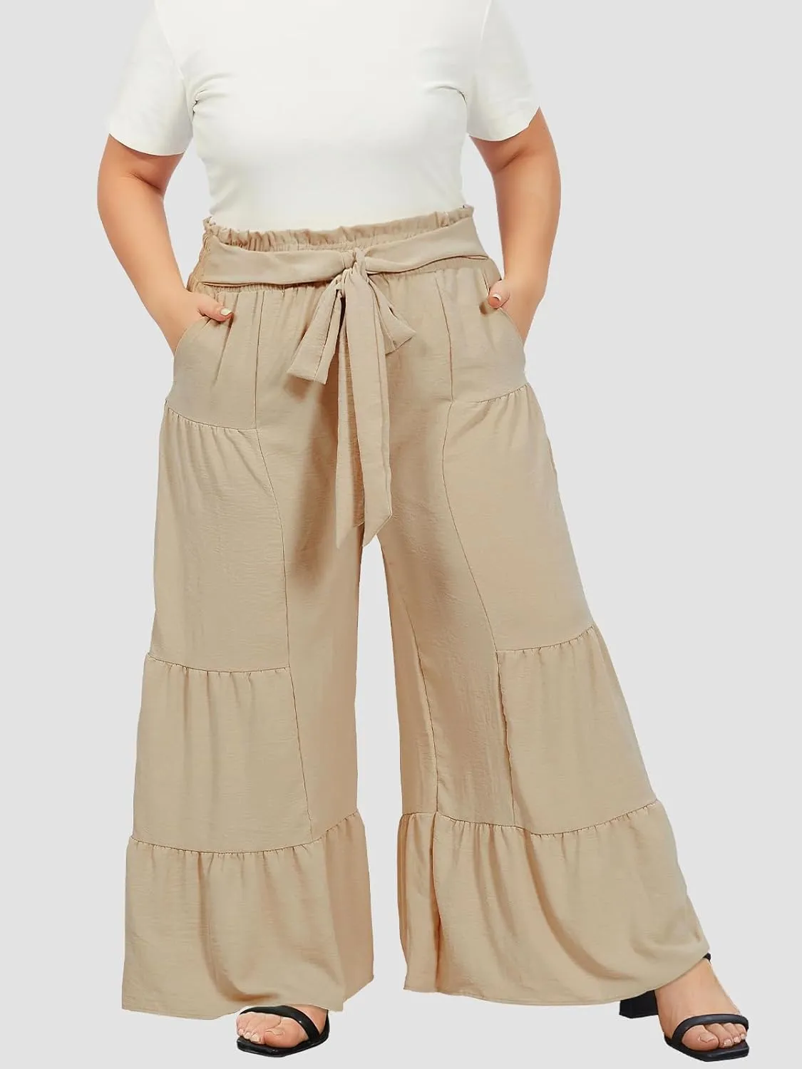 Moon Wood Plus Size Wide Leg Pants Woman High Waisted Palazzo Flowy Pants with Pockets Trendy Casual Summer Pants
