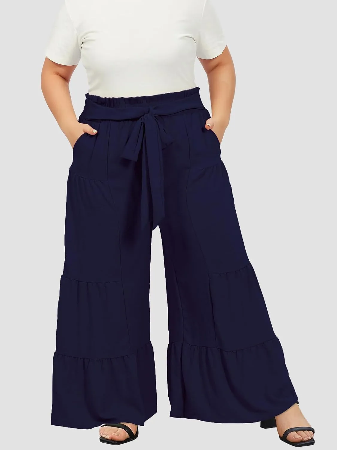 Moon Wood Plus Size Wide Leg Pants Woman High Waisted Palazzo Flowy Pants with Pockets Trendy Casual Summer Pants