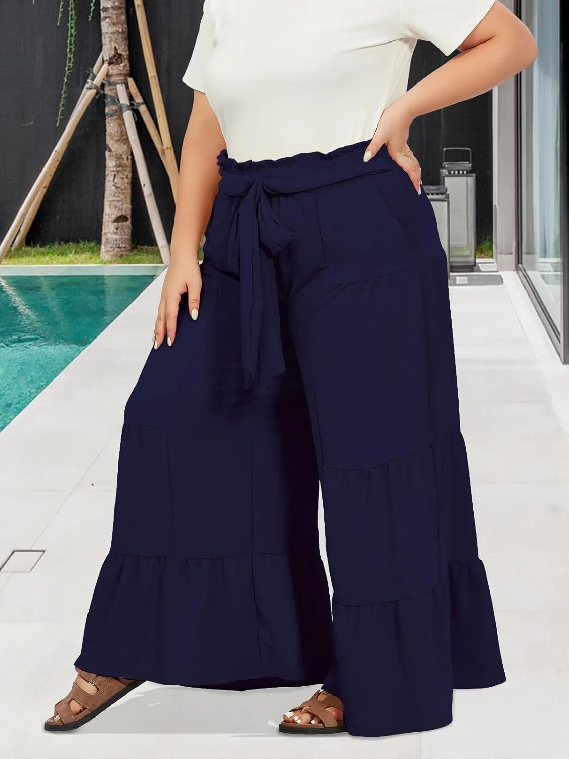Moon Wood Plus Size Wide Leg Pants Woman High Waisted Palazzo Flowy Pants with Pockets Trendy Casual Summer Pants
