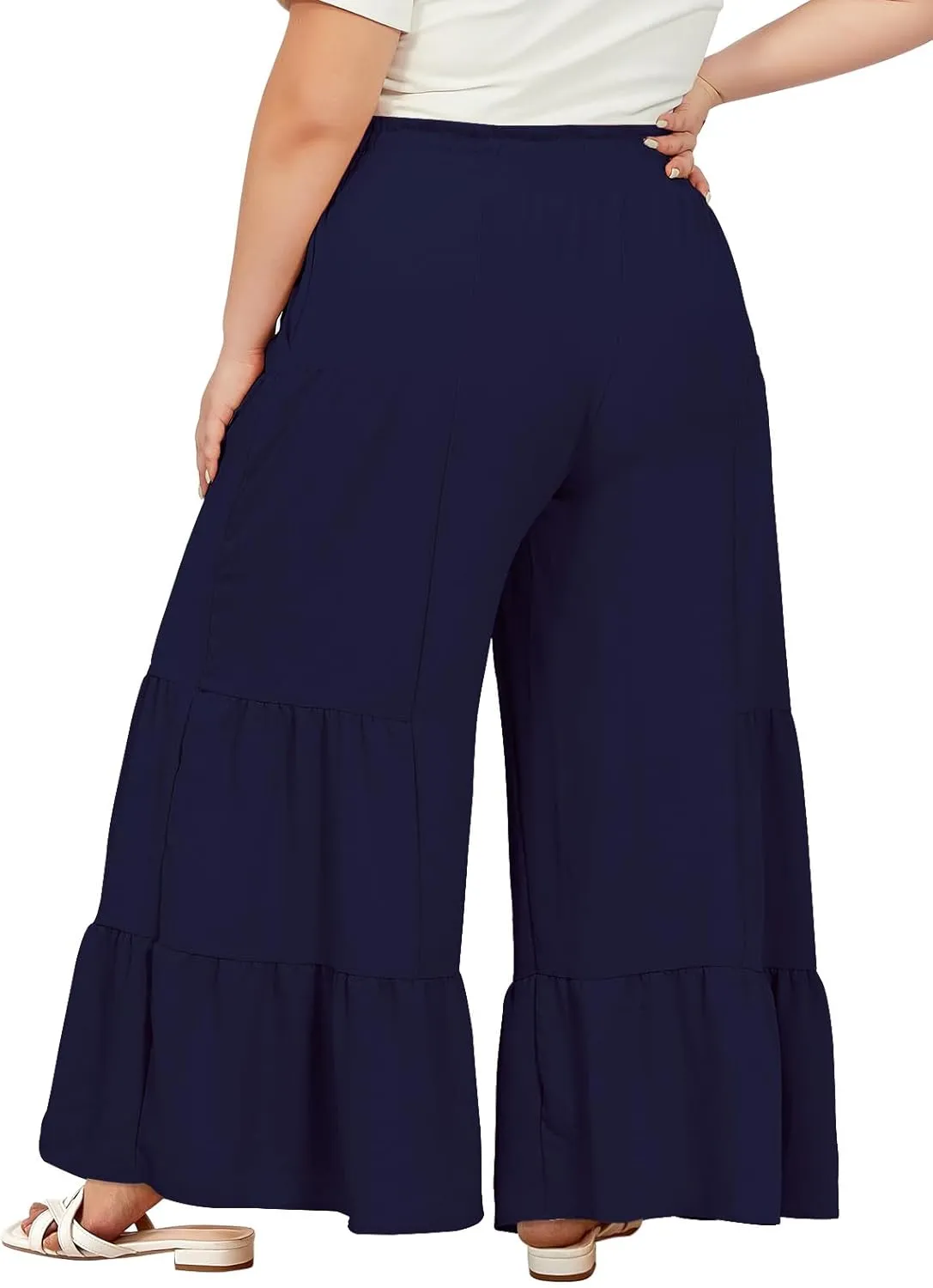 Moon Wood Plus Size Wide Leg Pants Woman High Waisted Palazzo Flowy Pants with Pockets Trendy Casual Summer Pants