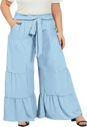 Moon Wood Plus Size Wide Leg Pants Woman High Waisted Palazzo Flowy Pants with Pockets Trendy Casual Summer Pants