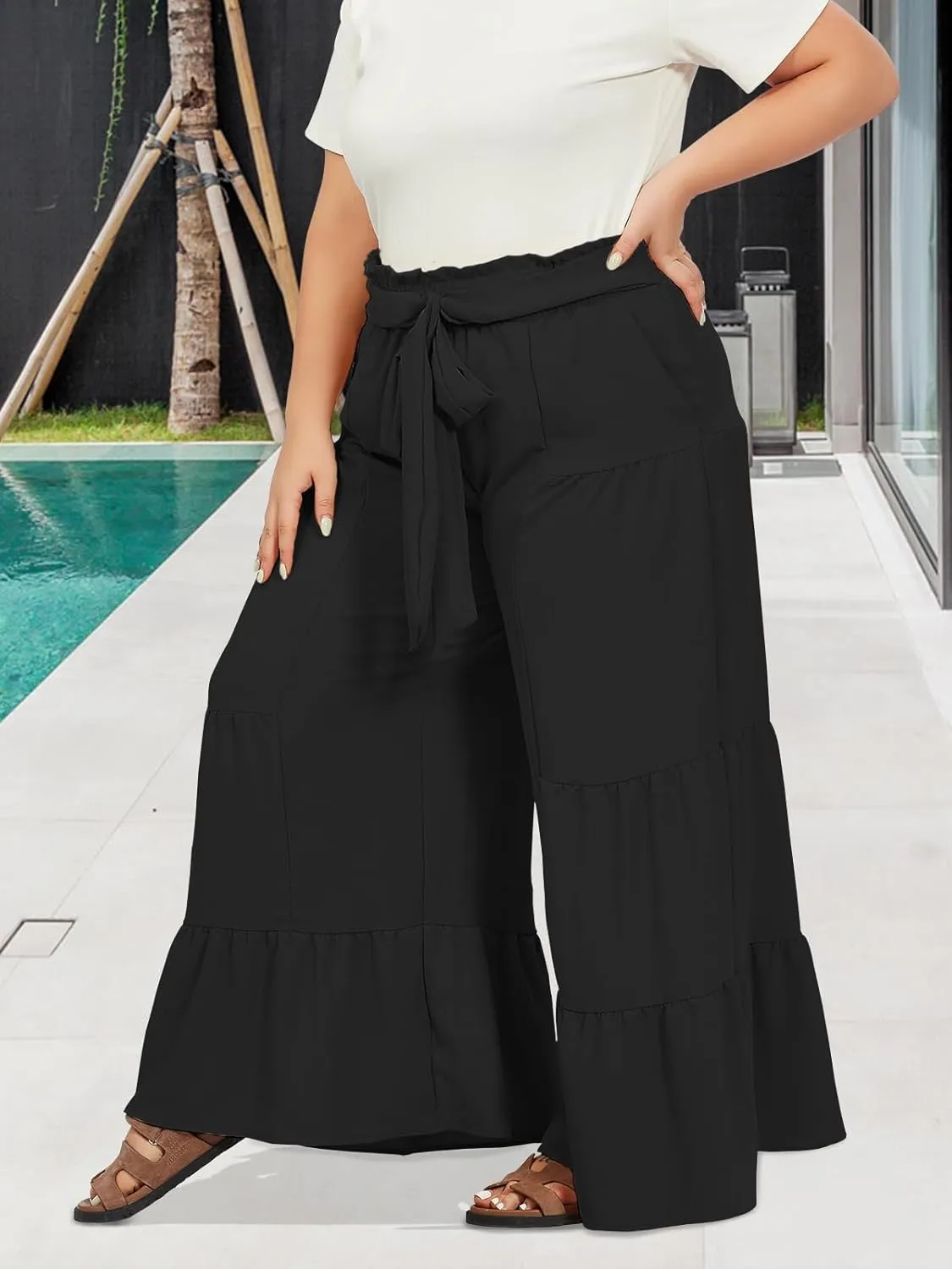 Moon Wood Plus Size Wide Leg Pants Woman High Waisted Palazzo Flowy Pants with Pockets Trendy Casual Summer Pants