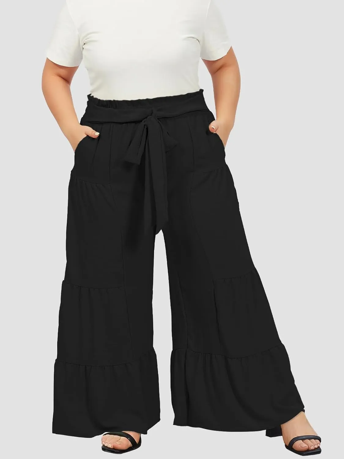 Moon Wood Plus Size Wide Leg Pants Woman High Waisted Palazzo Flowy Pants with Pockets Trendy Casual Summer Pants