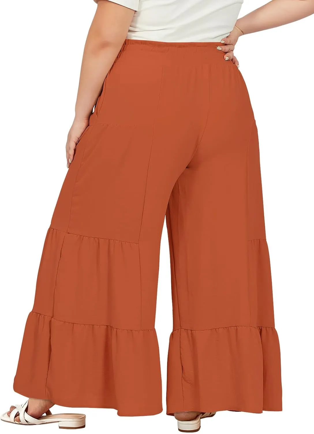 Moon Wood Plus Size Wide Leg Pants Woman High Waisted Palazzo Flowy Pants with Pockets Trendy Casual Summer Pants