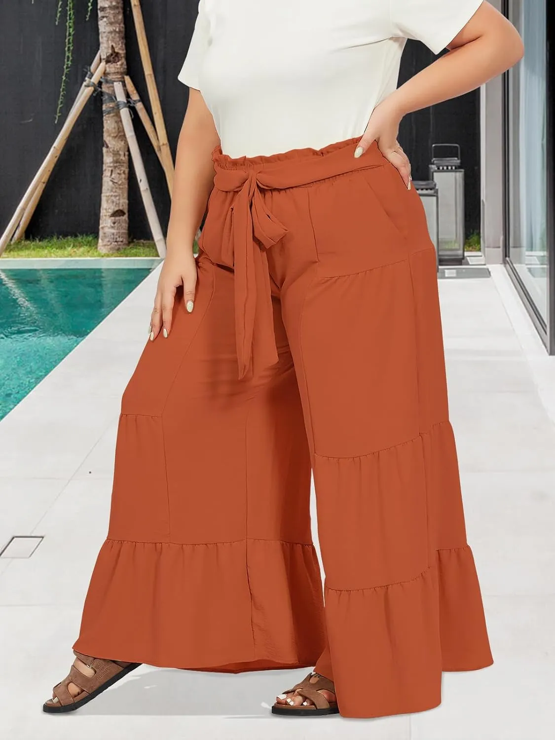 Moon Wood Plus Size Wide Leg Pants Woman High Waisted Palazzo Flowy Pants with Pockets Trendy Casual Summer Pants