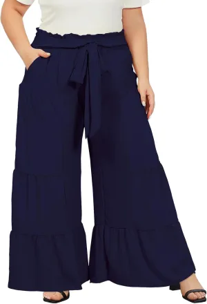 Moon Wood Plus Size Wide Leg Pants Woman High Waisted Palazzo Flowy Pants with Pockets Trendy Casual Summer Pants
