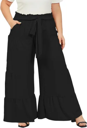 Moon Wood Plus Size Wide Leg Pants Woman High Waisted Palazzo Flowy Pants with Pockets Trendy Casual Summer Pants