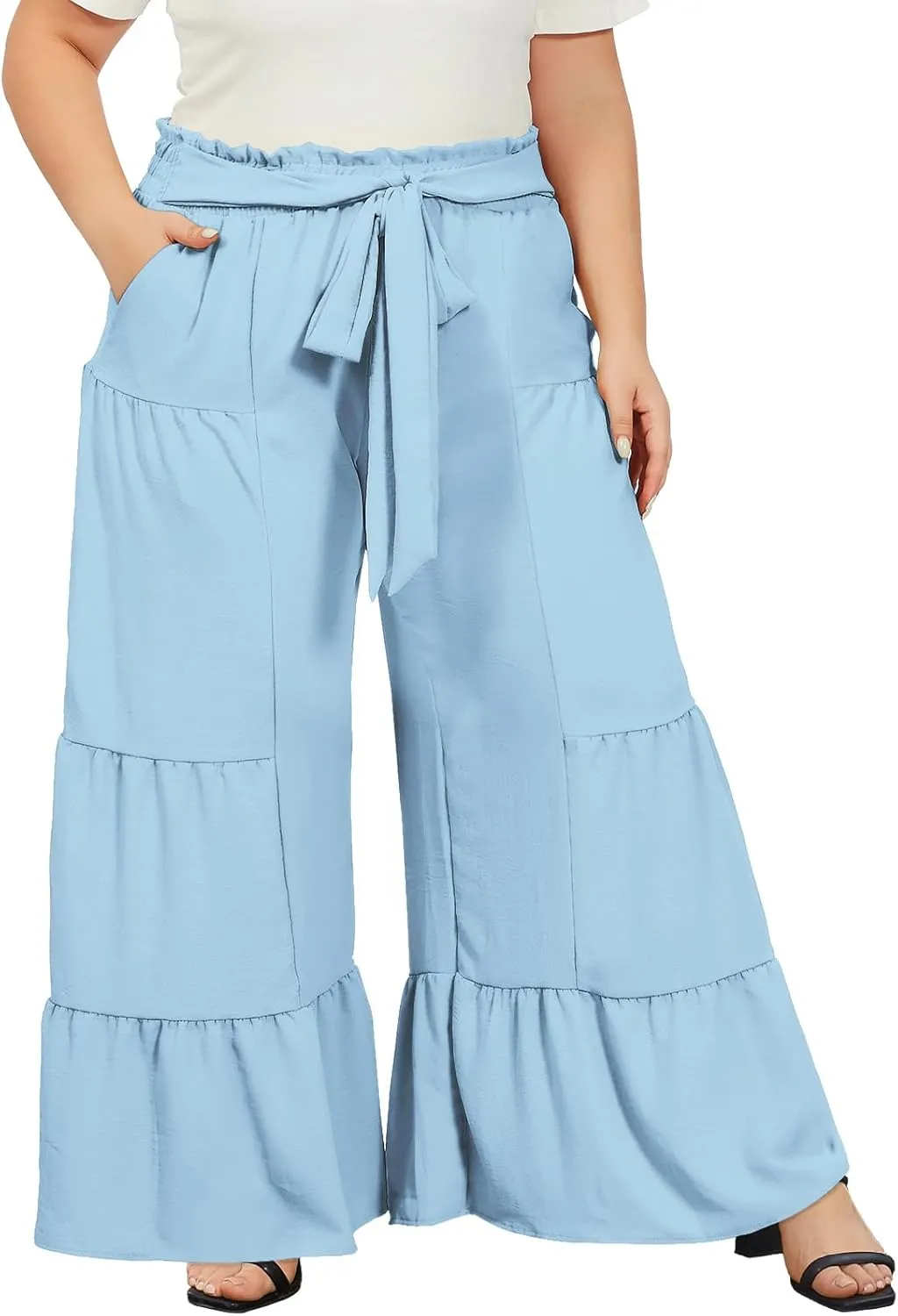 Moon Wood Plus Size Wide Leg Pants Woman High Waisted Palazzo Flowy Pants with Pockets Trendy Casual Summer Pants