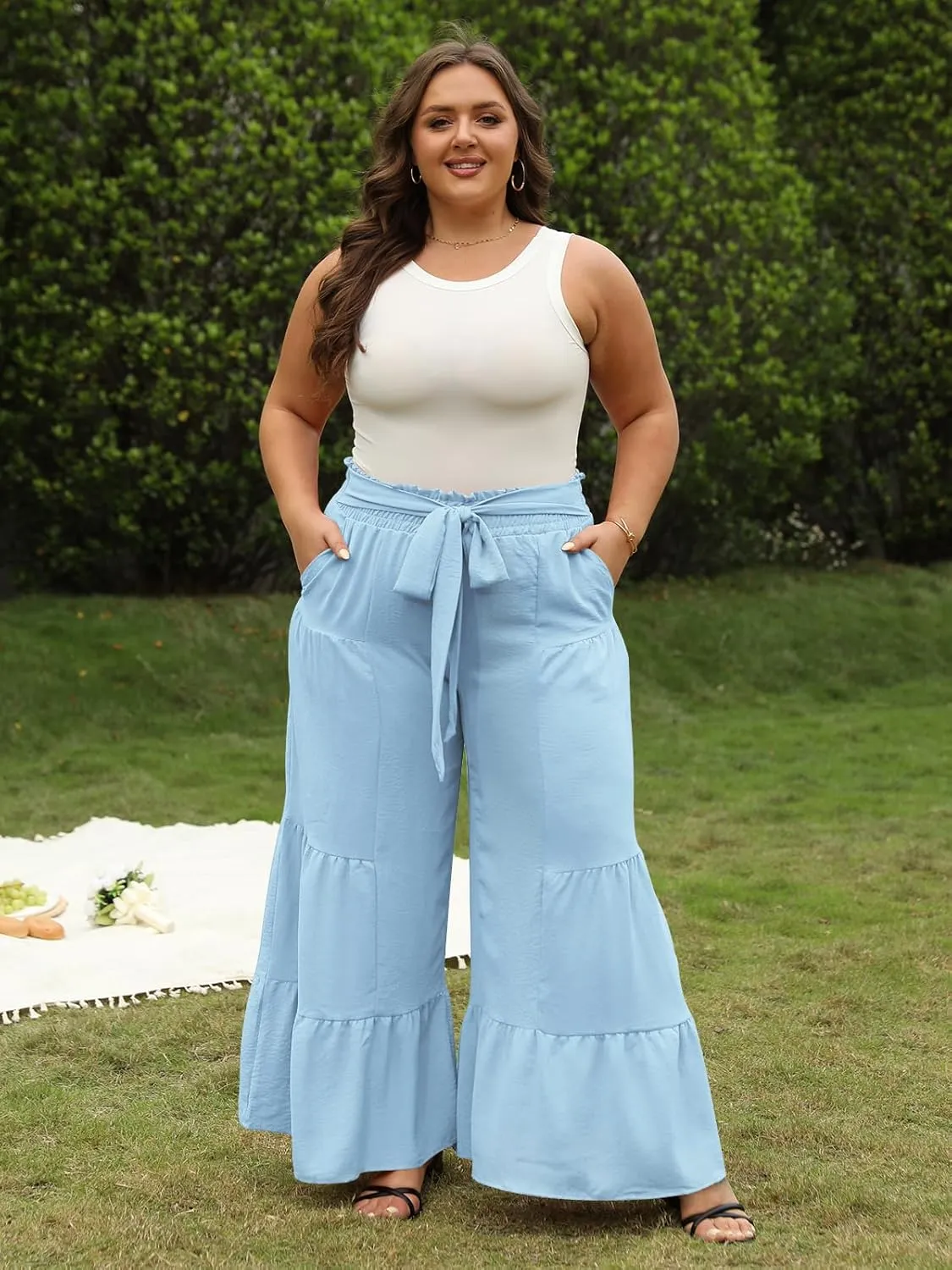 Moon Wood Plus Size Wide Leg Pants Woman High Waisted Palazzo Flowy Pants with Pockets Trendy Casual Summer Pants