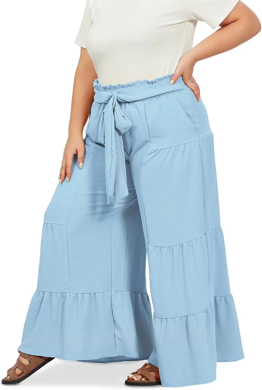 Moon Wood Plus Size Wide Leg Pants Woman High Waisted Palazzo Flowy Pants with Pockets Trendy Casual Summer Pants