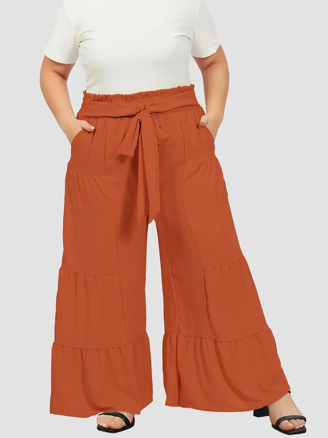 Moon Wood Plus Size Wide Leg Pants Woman High Waisted Palazzo Flowy Pants with Pockets Trendy Casual Summer Pants