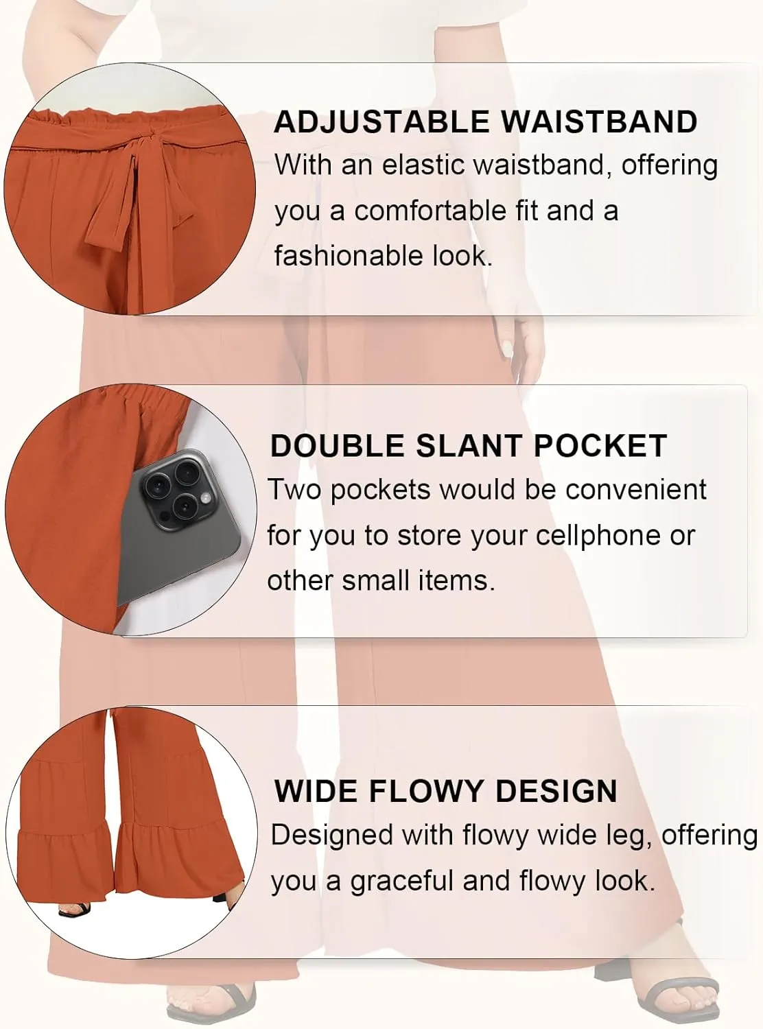 Moon Wood Plus Size Wide Leg Pants Woman High Waisted Palazzo Flowy Pants with Pockets Trendy Casual Summer Pants