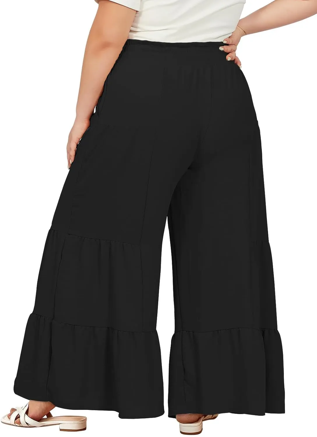 Moon Wood Plus Size Wide Leg Pants Woman High Waisted Palazzo Flowy Pants with Pockets Trendy Casual Summer Pants